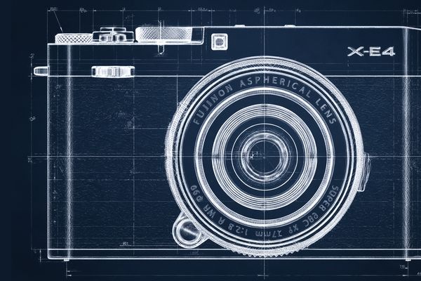 Blueprint-Zeichnung der FUJIFILM X-E4 von vorn