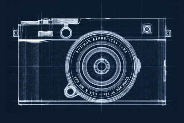 Blueprint-Zeichnung der FUJIFILM X-E5 von vorn