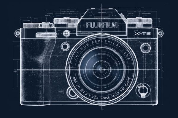 Blueprint-Zeichnung der FUJIFILM X-T5 von vorn