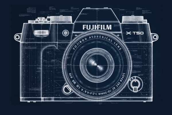 Blueprint-Zeichnung der FUJIFILM X-T50 von vorn