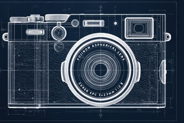 Blueprint-Zeichnung der FUJIFILM X100VI von vorn